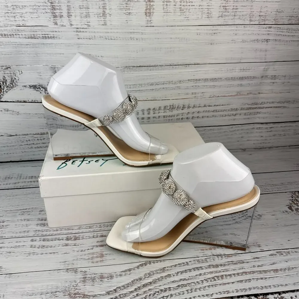Betsey Johnson Troy Womens 8.5 Wedge Sandals Ivory Clear Rhinestone